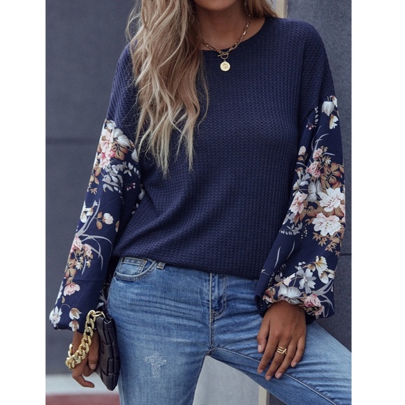 Navy Blue Floral Sleeves Casual Shirt Lantern Long Sleeves - Picture 4 of 8